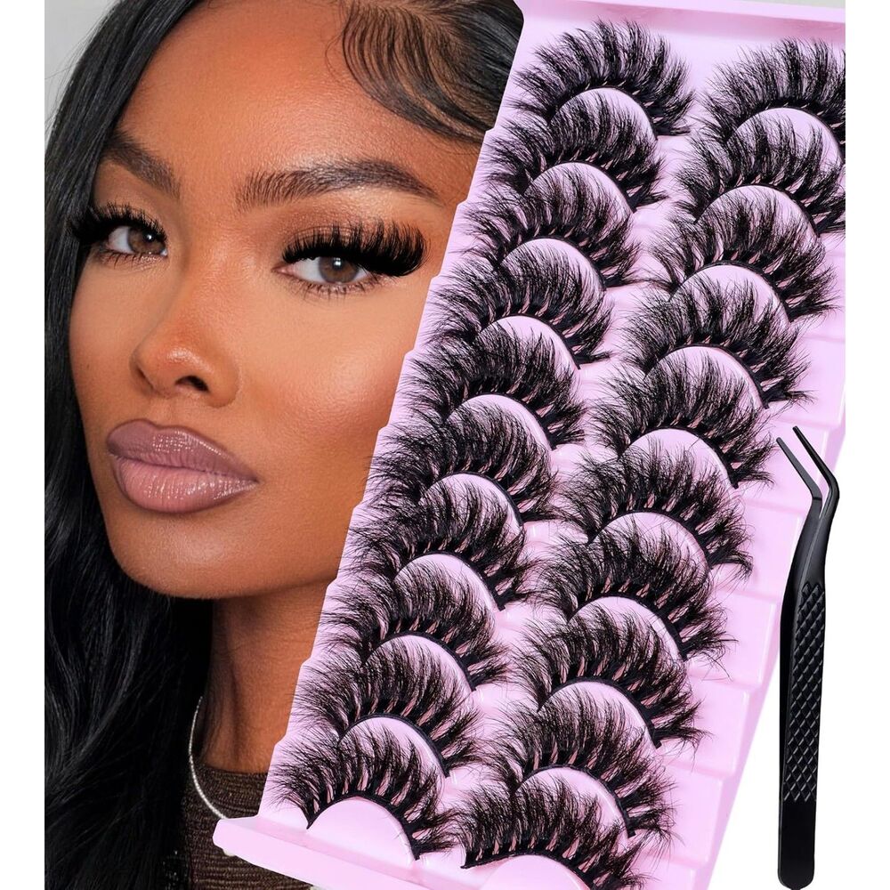 Dramatic Cat Eye Faux Mink Strip Lashes 10 Pairs w/ Tweezer